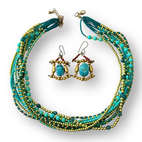 Vintage Multi-Strand Turquoise & Gold Tone Bead Necklace Hanging Scarab Earrings - Picture 2 of 10